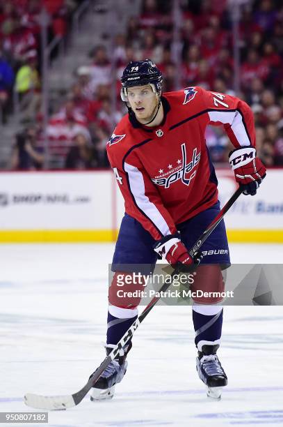 John Carlson of the Washington Capitals skates with the puck in the first period against the Columbus Blue Jackets in Game Five of the Eastern...