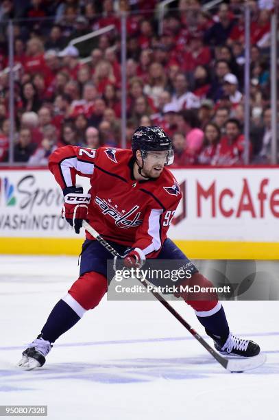 Evgeny Kuznetsov of the Washington Capitals skates with the puck in the first period against the Columbus Blue Jackets in Game Five of the Eastern...