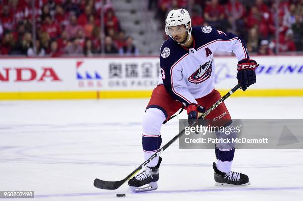 Seth Jones of the Columbus Blue Jackets skates with the puck in the second period against the Washington Capitals in Game Five of the Eastern...