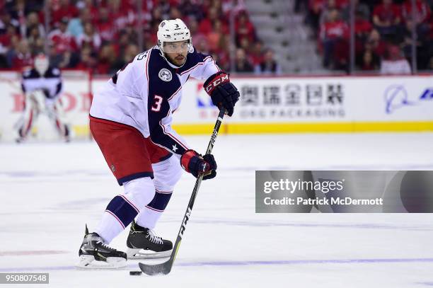 Seth Jones of the Columbus Blue Jackets skates with the puck in the second period against the Washington Capitals in Game Five of the Eastern...