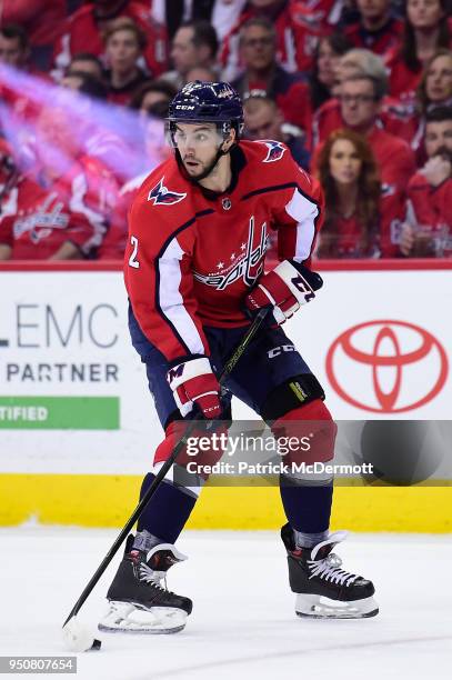 Matt Niskanen of the Washington Capitals skates with the puck in the second period against the Columbus Blue Jackets in Game Five of the Eastern...