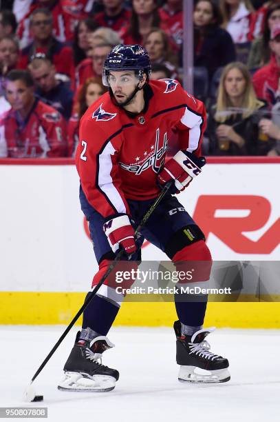 Matt Niskanen of the Washington Capitals skates with the puck in the second period against the Columbus Blue Jackets in Game Five of the Eastern...