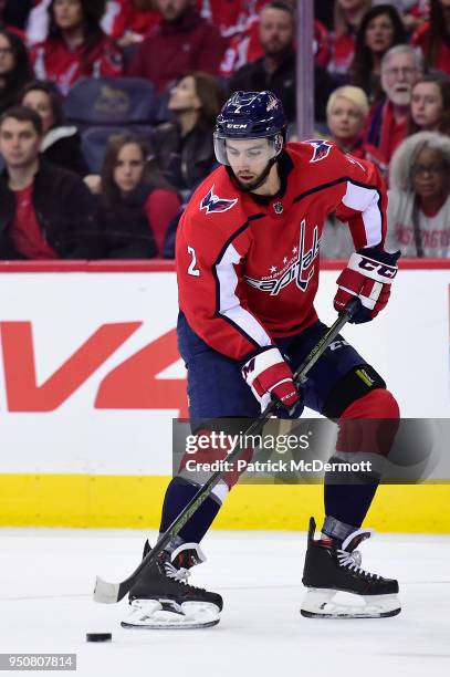 Matt Niskanen of the Washington Capitals skates with the puck in the second period against the Columbus Blue Jackets in Game Five of the Eastern...