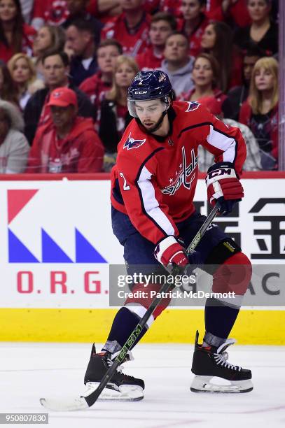 Matt Niskanen of the Washington Capitals skates with the puck in the second period against the Columbus Blue Jackets in Game Five of the Eastern...