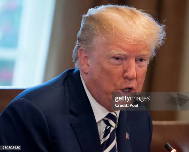 President Donald Trump speaks to the media during a meeting with President Emmanuel Macron of France April 24, 2018 at the White House in Washington,...