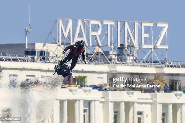 Inventor and pilot Franky Zapata flying the flyboard during the Red Bull Air Race on April 22, 2018 in Cannes, France.