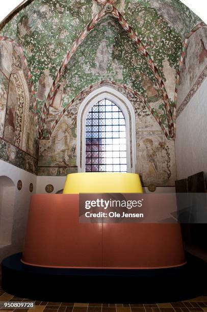 The just installed covered sarcophagus for Queen Margrethe of Denmark at Saint Birgittas Chapel in Roskilde Cathedral on April 24, 2018 in Roskilde,...