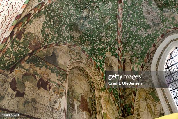 Medieval frescos at Saintt Birgittas Chapel at Roskilde Cathedral where the finished sarcophagus for queen Margrethe of Denmark has just been...