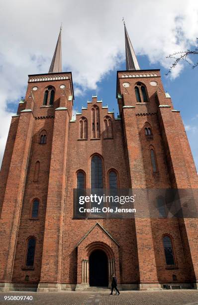 An extrerior view of Roskilde Cathedral where the finished sarcophagus for queen Margrethe of Denmark has just been installed on April 24, 2018 in...