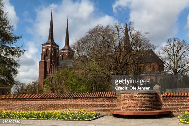 General view of Roskilde Cathedral where the finished sarcophagus for queen Margrethe of Denmark has just been installed on April 24, 2018 in...