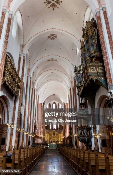 The nave at Roskilde Cathedral where the finished sarcophagus for queen Margrethe of Denmark has just been installed on April 24, 2018 in Roskilde,...