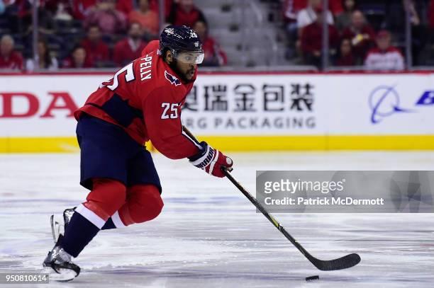 Devante Smith-Pelly of the Washington Capitals skates with the puck in the third period against the Columbus Blue Jackets in Game Five of the Eastern...