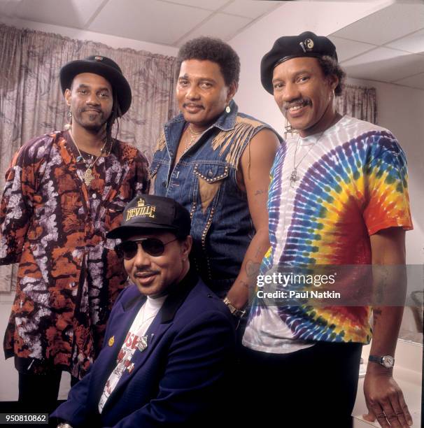 Left to right, Cyril Neville, Art Neville, Aaron Neville, and Charles Neville of the Neville Brothers pose for a portrait at the Riverside Theater in...