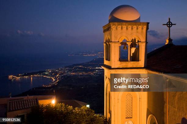 San Nicola di Bari church, Castelmola, Taormina in the background, Messina, Sicily, Italy, Europe.