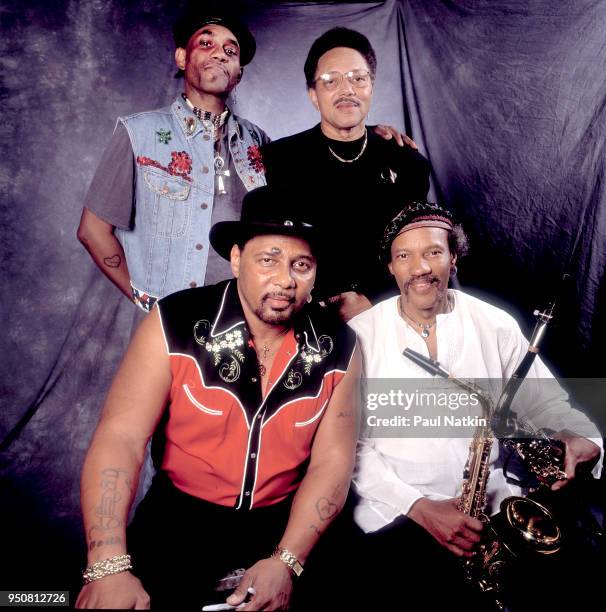 Clockwise from lower left, Aaron Neville, Cyril Neville, Art Neville and Charles Neville of the Neville Brothers at Farm Aid in The New Orleans...