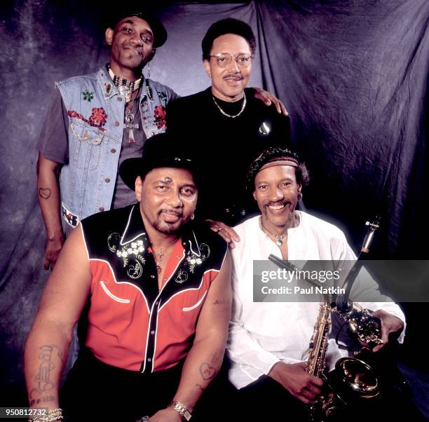 Clockwise from lower left, Aaron Neville, Cyril Neville, Art Neville and Charles Neville of the Neville Brothers at Farm Aid in The New Orleans...