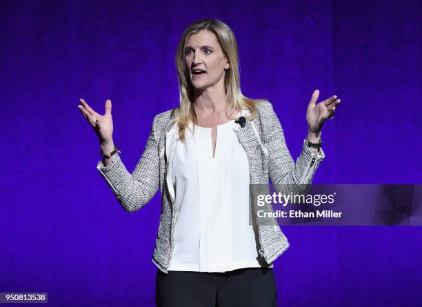 The Walt Disney Company Executive Vice President of Distribution Cathleen Taff speaks onstage during the CinemaCon 2018 Walt Disney Studios...