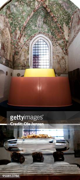 In this composite image the model of the sarcophagus for Queen Margrethe of Denmark is shown below an image of the covered sarcophagus at Roskilde...