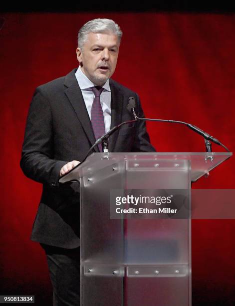 Cinemark International President Valmir Fernandes speaks onstage during the CinemaCon 2018 State of the Industry address at The Colosseum at Caesars...