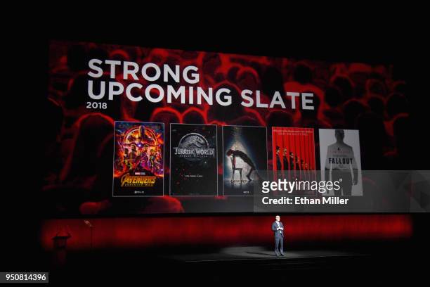National Association of Theatre Owners President and CEO John Fithian speaks onstage during the CinemaCon 2018 State of the Industry address at The...