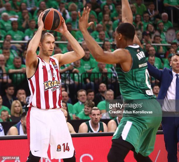 Kim Tillie, #14 of Olympiacos Piraeus competes with Brandon Davies, #0 of Zalgiris Kaunas in action during the Turkish Airlines Euroleague Play Offs...