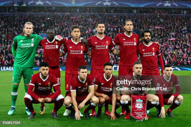 The Liverpool team lineup before the UEFA Champions League Semi Final First Leg match between Liverpool and A.S. Roma at Anfield on April 24, 2018 in...
