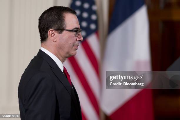 Steven Mnuchin, U.S. Treasury secretary, arrives to a news conference with U.S. President Donald Trump and Emmanuel Macron, France's president, not...