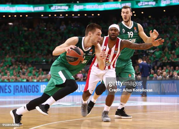 Paulius Valinskas, #66 of Zalgiris Kaunas in action during the Turkish Airlines Euroleague Play Offs Game 3 between Zalgiris Kaunas v Olympiacos...