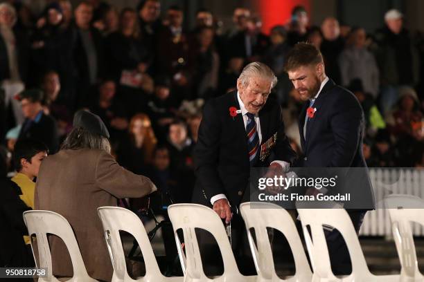 Veteran is helped to his seat at the Auckland War Memorial Museum Cenotaph on April 25, 2018 in Auckland, New Zealand. In 1916 the first Anzac Day...