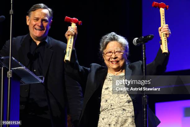 Peace Activist Koko Kondo celebrates on stage as Chief Curator, TDIA co-founder, Tribeca Film Festival Craig Hatkoff looks on during Tribeca...
