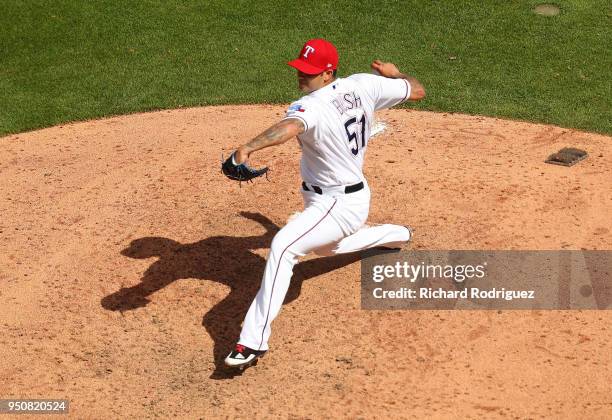 Matt Bush of the Texas Rangers pitches in seventh inning against the Seattle Mariners at Globe Life Park in Arlington on April 22, 2018 in Arlington,...