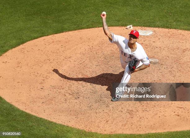 Matt Bush of the Texas Rangers pitches in seventh inning against the Seattle Mariners at Globe Life Park in Arlington on April 22, 2018 in Arlington,...