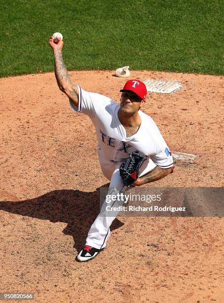 Matt Bush of the Texas Rangers pitches in seventh inning against the Seattle Mariners at Globe Life Park in Arlington on April 22, 2018 in Arlington,...