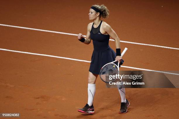 Laura Siegemund of Germany reacts during her match against Barbora Strycova of Czech Republic during day 2 of the Porsche Tennis Grand Prix at...