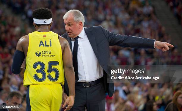 Zeljko Obradovic, Head Coach of Fenerbahce Dogus Istanbul talks to Ali Muhammed, #35 of Fenerbahce Dogus Istanbul during the Turkish Airlines...