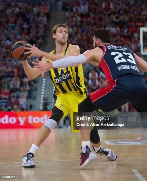 Jan Vesely, #24 of Fenerbahce Dogus Istanbul competes with Tornike Shengelia, #23 of Kirolbet Baskonia Vitoria Gasteiz during the Turkish Airlines...
