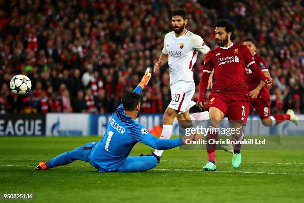 Mohamed Salah of Liverpool scores his sides second goal during the UEFA Champions League Semi Final First Leg match between Liverpool and A.S. Roma...