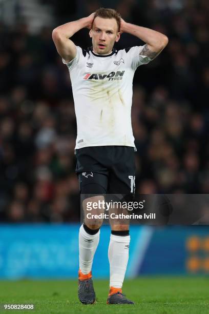 Andreas Weimann of Derby County reacts during the Sky Bet Championship match between Derby County and Cardiff City at iPro Stadium on April 24, 2018...
