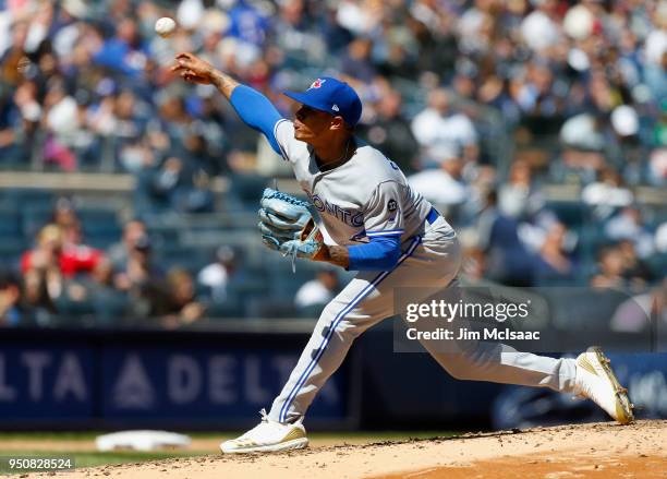 Marcus Stroman of the Toronto Blue Jays in action against the New York Yankees at Yankee Stadium on April 21, 2018 in the Bronx borough of New York...