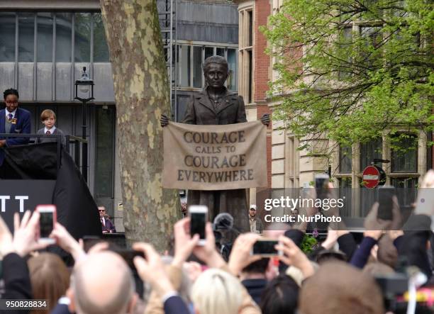 Statue in honour of the first female Suffragist Millicent Fawcett is unveiled during a ceremony in Parliament Square on April 24, 2018 in London,...