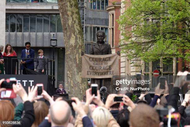 Statue in honour of the first female Suffragist Millicent Fawcett is unveiled during a ceremony in Parliament Square on April 24, 2018 in London,...