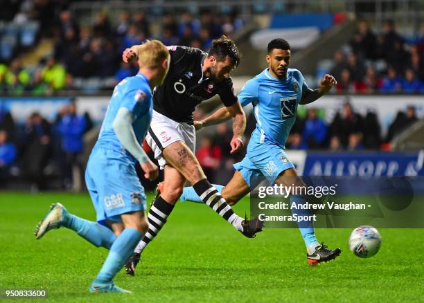 Lincoln City's Ollie Palmer scores his sides second goal during the Sky Bet League Two match between Coventry City and Lincoln City at Ricoh Arena on...