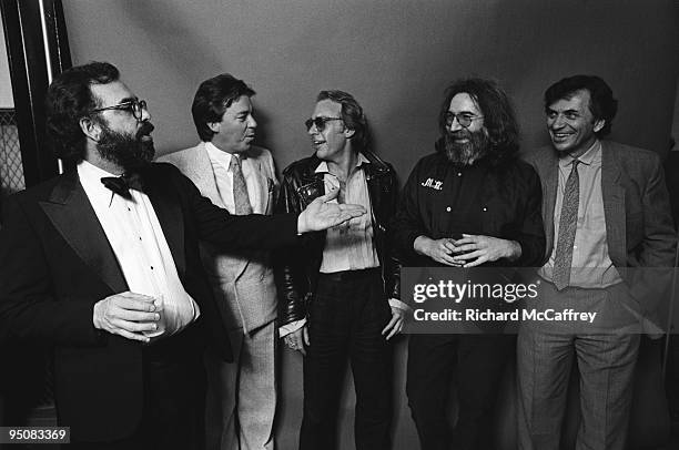 Francis Ford Coppola, Boz Scaggs, Howard Hesseman, Jerry Garcia and Bill Graham at The Warfield Theatre in 1978 in San Francisco, California.