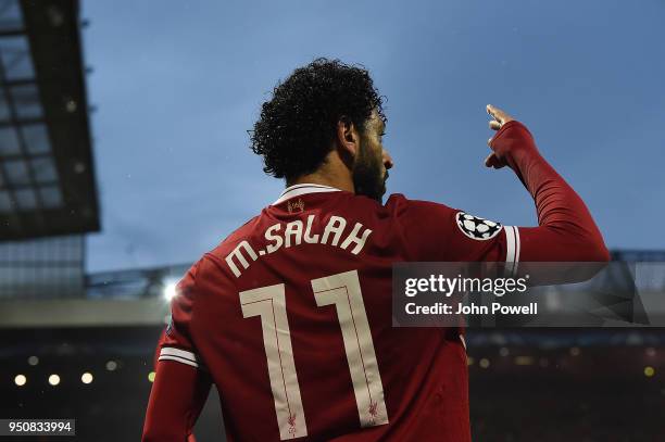 Mohamed Salah of Liverpool celebrates the second goal during the UEFA Champions League Semi Final First Leg match between Liverpool and A.S. Roma at...