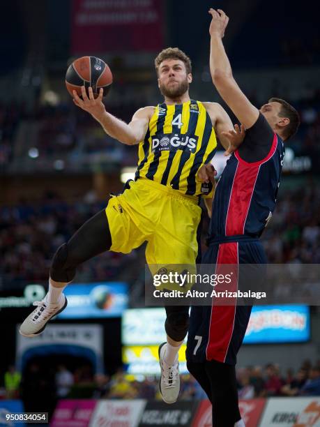 Nicolo Melli, #4 of Fenerbahce Dogus Istanbul competes with Johannes Voigtmann, #7 of Kirolbet Baskonia Vitoria Gasteiz during the Turkish Airlines...