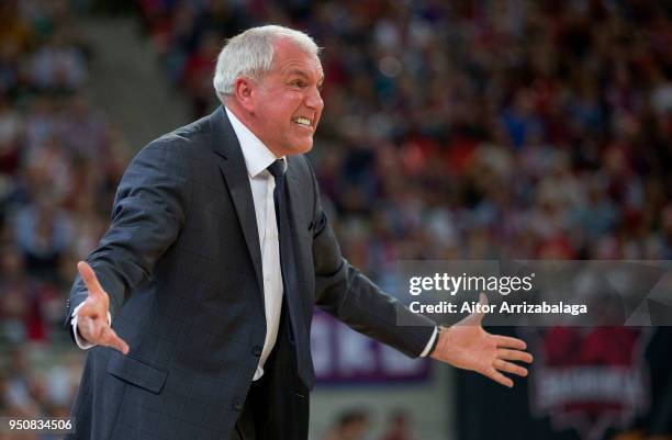 Zeljko Obradovic, Head Coach of Fenerbahce Dogus Istanbul reacts during the Turkish Airlines Euroleague Play Offs Game 3 between Kirolbet Baskonia...