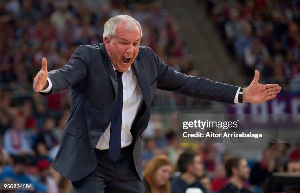 Zeljko Obradovic, Head Coach of Fenerbahce Dogus Istanbul reacts during the Turkish Airlines Euroleague Play Offs Game 3 between Kirolbet Baskonia...