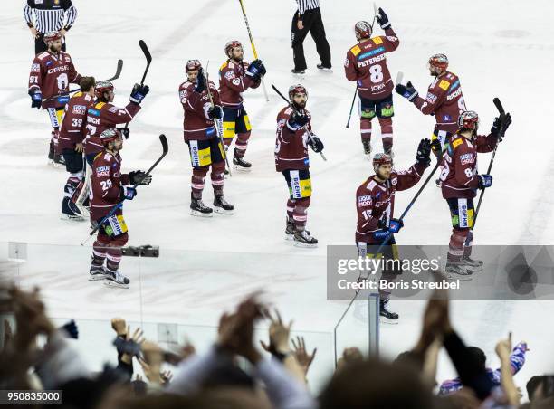 Players of Eisbaeren Berlin celebrate after winning the DEL Playoff final match 6 between Eisbaeren Berlin and EHC Red Bull Muenchen at Mercedes-Benz...