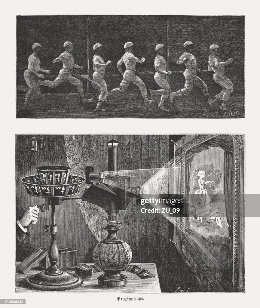 Chronophotograph (running man) and a Praxinoscope, wood engravings, published 1888