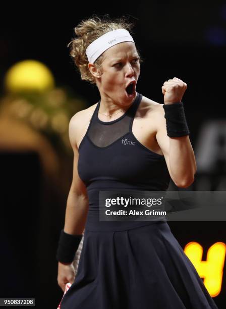 Laura Siegemund of Germany celebrates during her match against Barbora Strycova of Czech Republic during day 2 of the Porsche Tennis Grand Prix at...